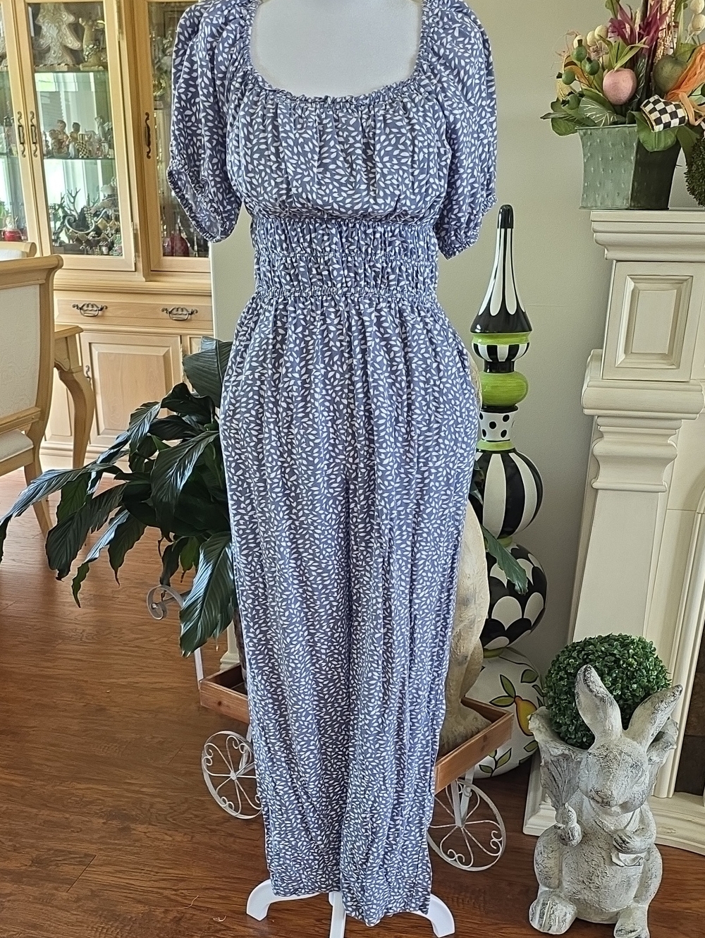 Sincerely Jules Light Blue Printed Puff-Sleeve Smocked Maxi Dress